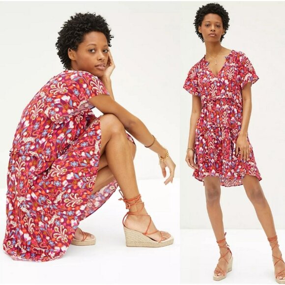 ANTHROPOLOGIE Robin Tiered Short Sleeve Mini Dress M - Picture 1 of 12